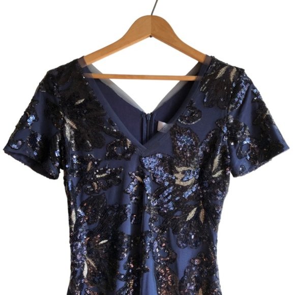 Badgley Mischka Sequin Dress Size 2 Blue Floral - Picture 3 of 15